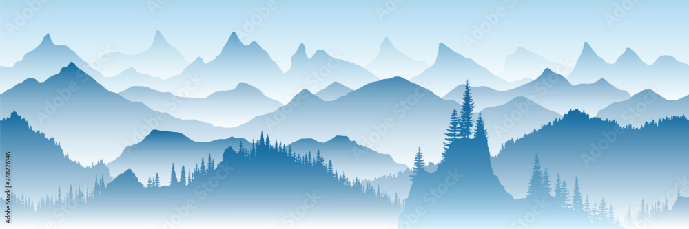 Fototapeta premium Mountain landscape with forest, morning haze, seamless border, vector illustration, panoramic view