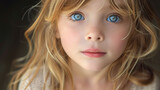 Close-up portrait of a young girl with blue eyes and curly blonde hair, looking thoughtful.
