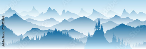 Mountain landscape with forest, morning haze, seamless border, vector illustration, panoramic view