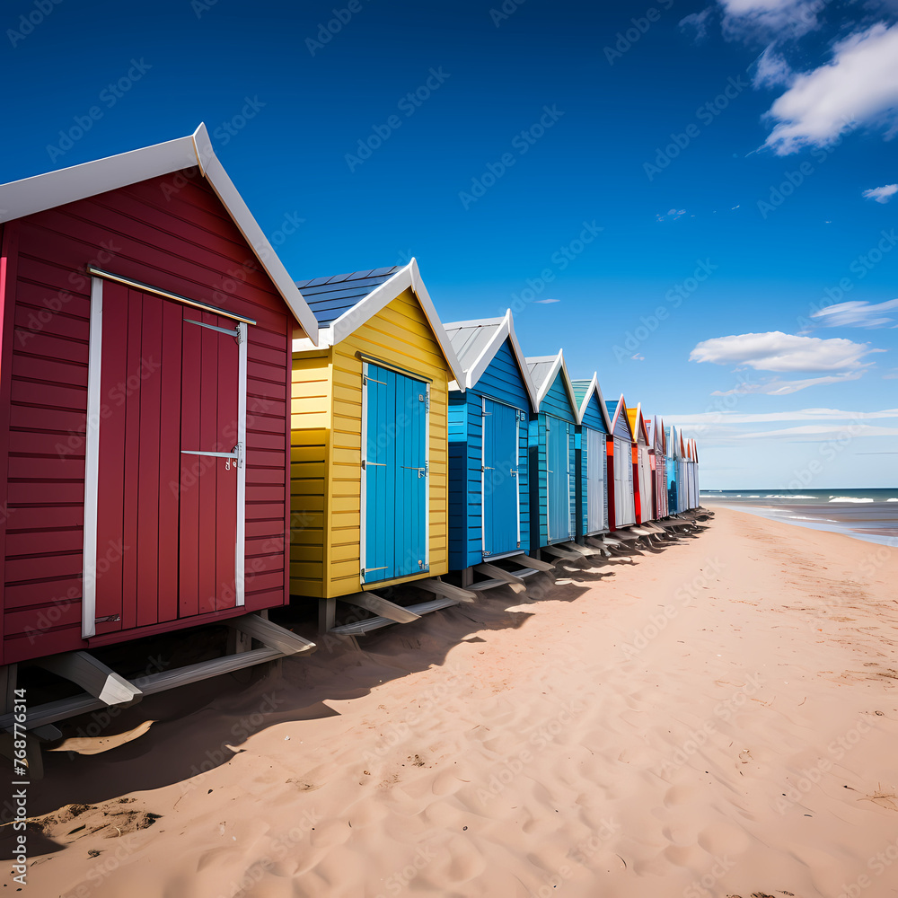 A row of colorful beach huts. 