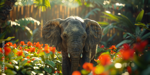 Enchanting Sunrise Glow on Graceful Elephant Amidst Tropical Flowers Banner