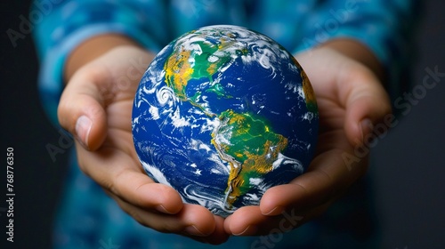 A globe cradled in hands blue and green symbolizing human responsibility to protect and nurture the environment