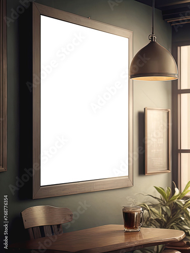 Mockup poster frame close up in interior background,vintage coffee shop decoration poster.clipping path.