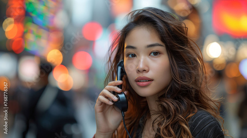 Portrait of a young woman talking on a smartphone with blurred city lights in the background.