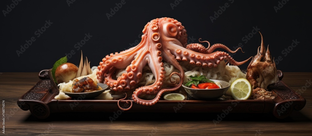 Obraz premium An octopus dish featuring Sannakji Octopus served on a bamboo plate, surrounded by a variety of delicious food items on a wooden table