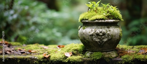 Old stone urn covered in mo...