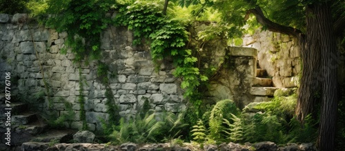 A stone staircase is positioned near a tree next to a wall almost concealed by dense foliage in the Crimea Massandra photo