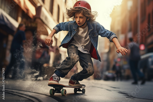 a boy in a red helmet rides a skateboard.