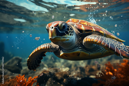 Underwater Marvel: Majestic Sea Turtle Glides Through Oceanic Wonderland Banner