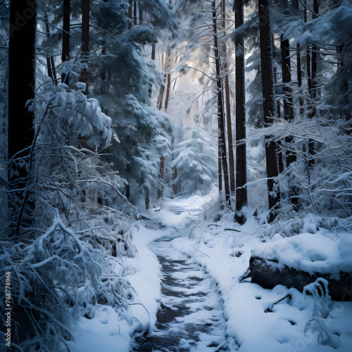 A snowy forest with a winding path. © Cao