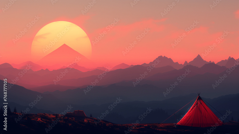 large, radiant sun is setting, a prominent mountain peak intersects the lower half of the sun, in the foreground to the right, there’s a red tent pitched on 