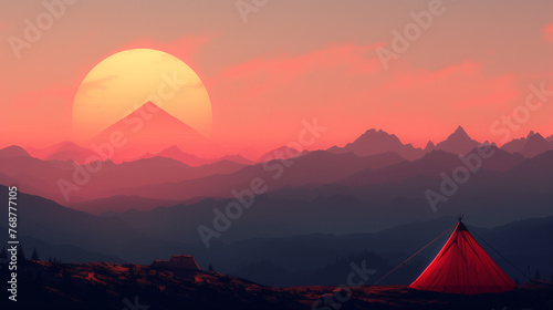 large  radiant sun is setting  a prominent mountain peak intersects the lower half of the sun  in the foreground to the right  there   s a red tent pitched on 