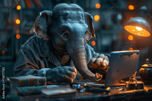 Tech-Savvy Elephant Hard at Work in Moody Lit Office Banner