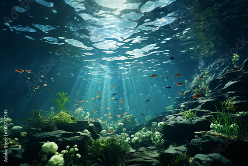 Tranquil Underwater Seascape with Radiant Sunlight and Fish Banner © Алинка Пад