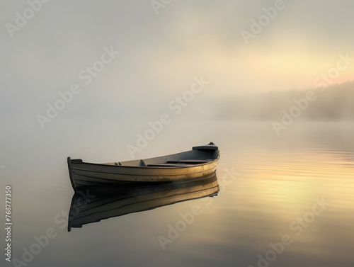 Dawn's first light bathes a single rowboat in a warm glow amidst the fog over a placid lake surface