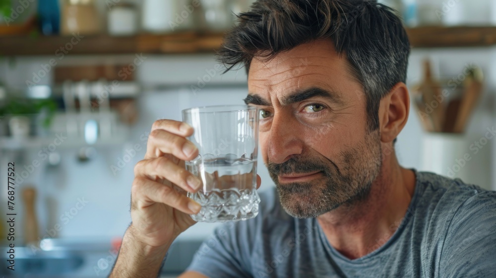 Man with graying hair and beard holding a glass of water standing in a kitchen with a wooden shelf in the background.