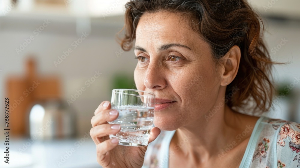 A woman with brown hair drinking water from a glass with a kitchen counter and blurred background. A woman with brown hair drinking water from a glass with a kitchen counter and blurred background.