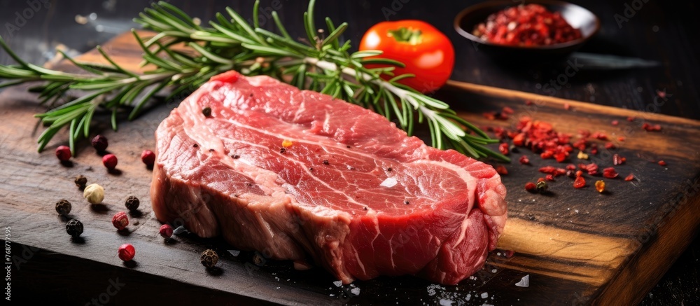 Close up of a raw piece of meat on a wooden cutting board, garnished with fresh herbs, cherry tomatoes, and peppercorns