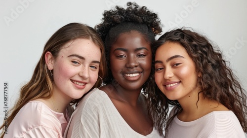 Three smiling young women with different skin tones wearing light-colored tops posing closely together against a white background.