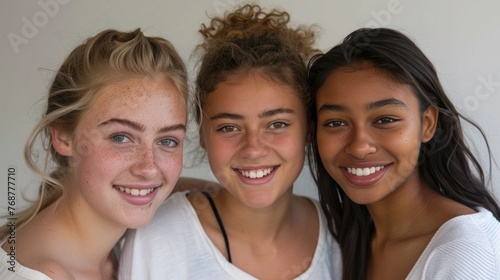Three young women with different hair colors and styles smiling and posing closely together for a photo with a plain background.