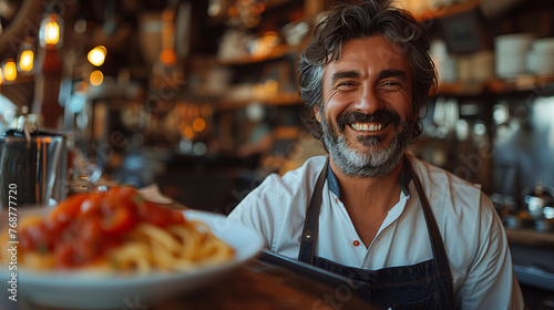 Cheerful male chef with apron in a rustic restaurant kitchen presenting a plate of pasta with tomato sauce, embodying professional joy and culinary expertise.
