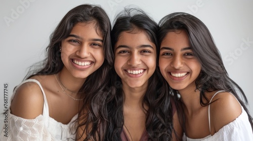 Three young women with long dark hair smiling and posing closely together wearing white tops against a neutral background.