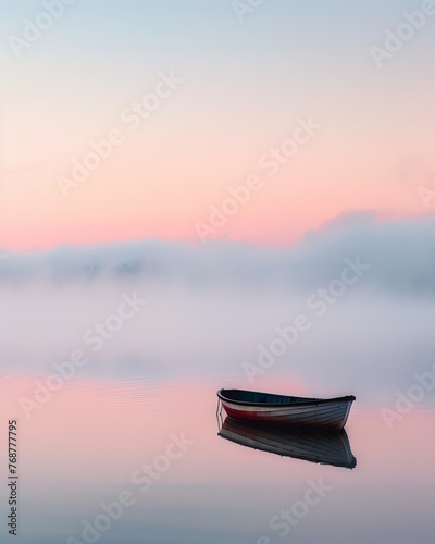 A colorful pastel sunrise envelopes a still rowboat on a lake, creating a scene of absolute peace