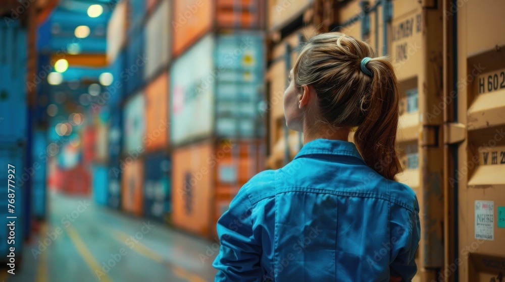 A woman in a blue shirt stands in a warehouse looking down a long aisle lined with colorful shipping containers.