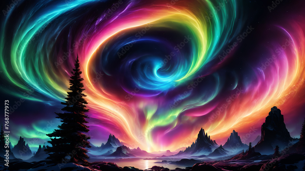 Create a vibrant, swirling abstract background reminiscent of an aurora borealis dancing across a midnight sky Create a vibrant, swirling abstract background reminiscent of an aurora borealis dancing across a midnight sky