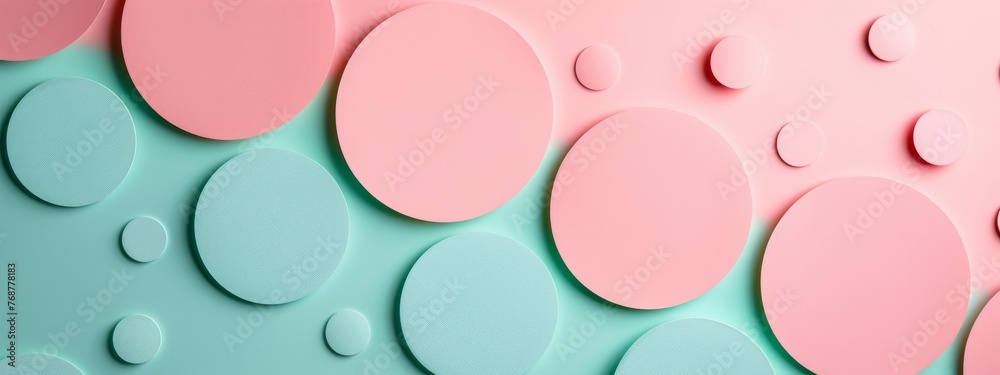 Fototapeta premium split background with pale pink and mint green, incorporating minimalist circular light elements arranged in a diagonal pattern.