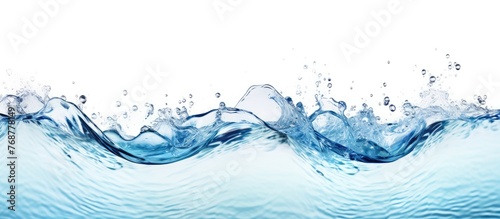 Close-up view of a water wave with bubbles floating in the clear liquid, isolated on a plain white background