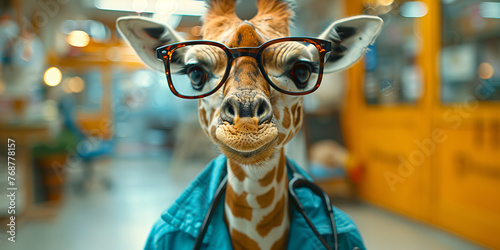Fashionable Giraffe Scientist Chic in Glasses and Lab Coat Banner