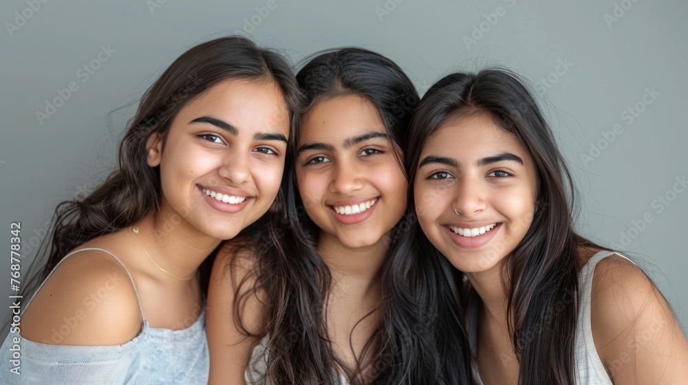 Three young women with dark hair smiling closely together showcasing their friendship and joy. Three young women with dark hair smiling closely together showcasing their friendship and joy.