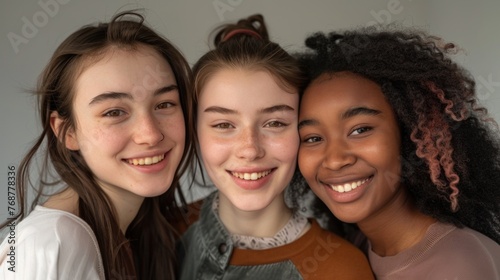Three young women with radiant smiles standing close together showcasing their friendship and joy.