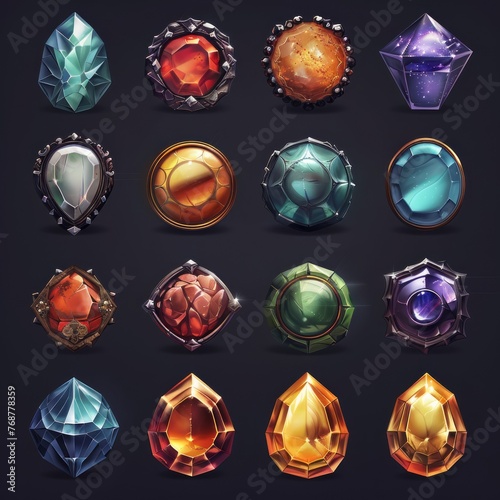 Set of precious stones, multicolored gems isolated. Icons for games