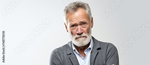 A senior man with grey hair, dressed in an elegant shirt and standing against a white background, appears depressed, worried, and distressed with a mix of emotions like crying