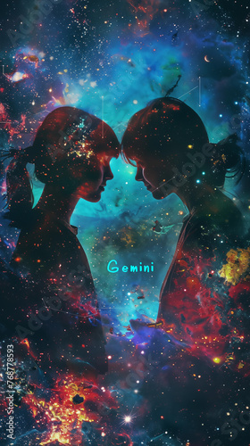 Gemini zodiac in space with a Nebula