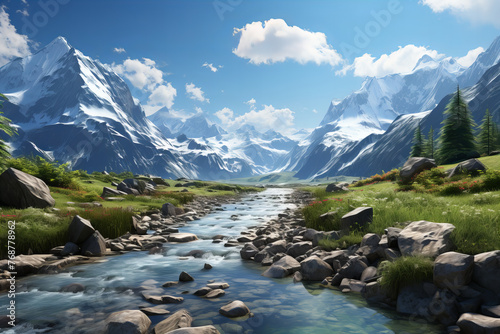 Serene Mountain Valley River Flowing Through Majestic Snowy Peaks Banner