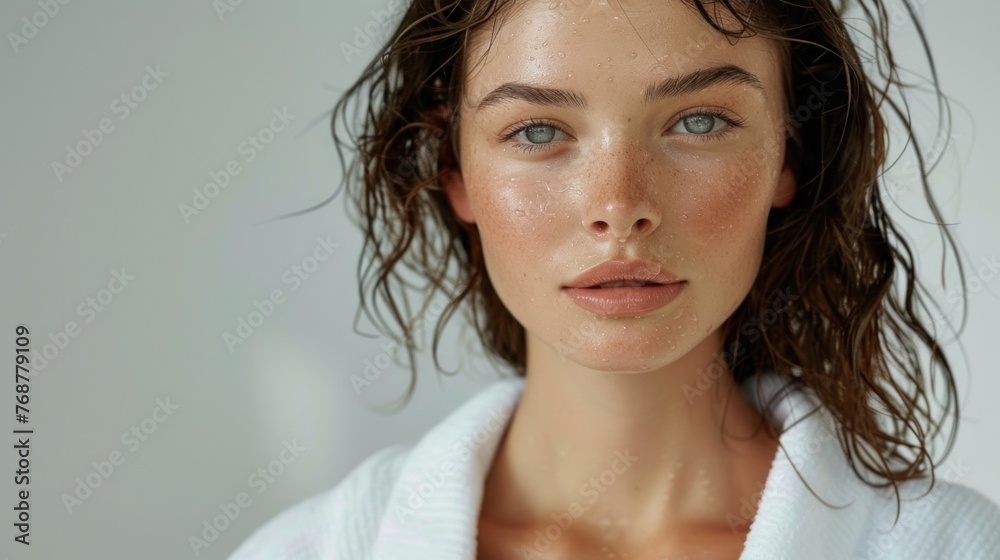 Woman with wet hair and skin wearing a white robe with a soft glowing complexion and a gentle expression. - obrazy, fototapety, plakaty 