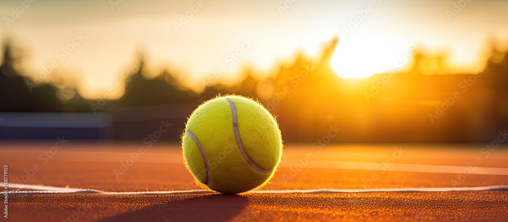 A close-up view of a tennis ball lying on the tennis court as the sun sets in the background, creating a serene and peaceful atmosphere