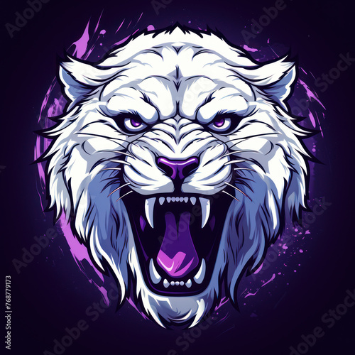 Head of an attacking albino lion on a dark background.