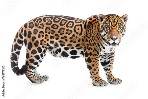 Jaguar Panthera onca solitary against a white backdrop. Generative Ai © Planum