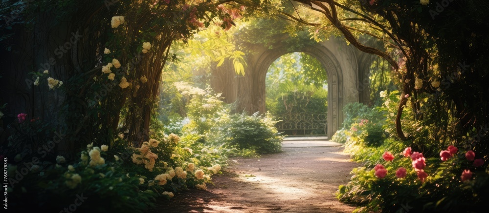 Captured in a serene setting, a pathway adorned with colorful flowers leads through a lush garden with trees in the distance