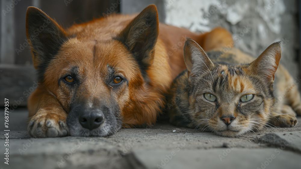 Stray and feral cats and dogs. Homeless animals living in a group on the street. Concept: animal shelter, help for stray, animals. Adopt, not buy