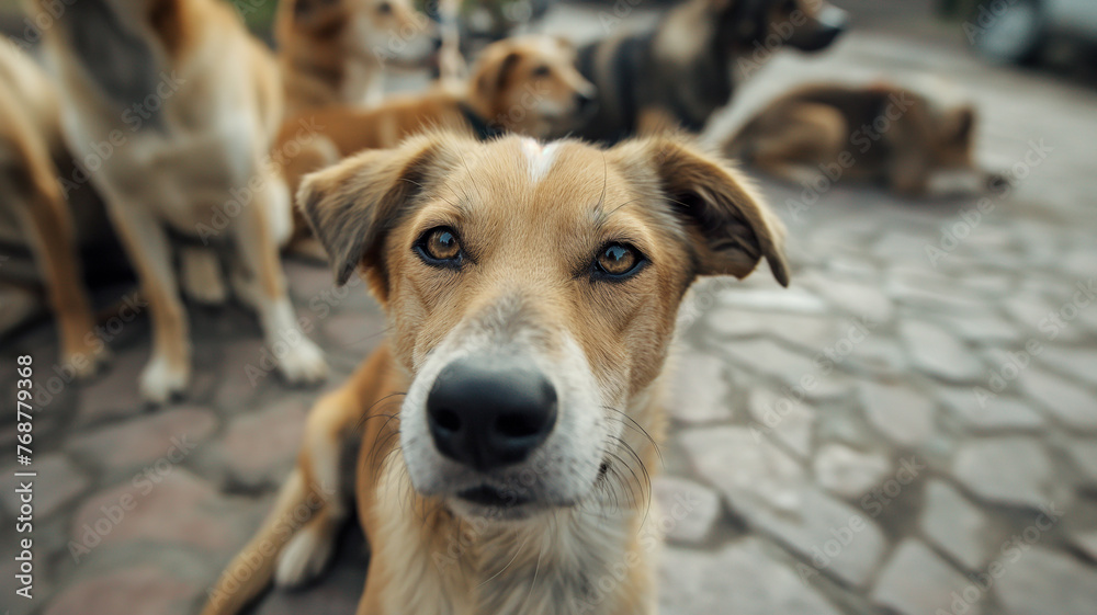 Stray and feral cats and dogs. Homeless animals living in a group on the street. Concept: animal shelter, help for stray, animals. Adopt, not buy Stray and feral cats and dogs. Homeless animals living in a group on the street. Concept: animal shelter, help for stray, animals. Adopt, not buy