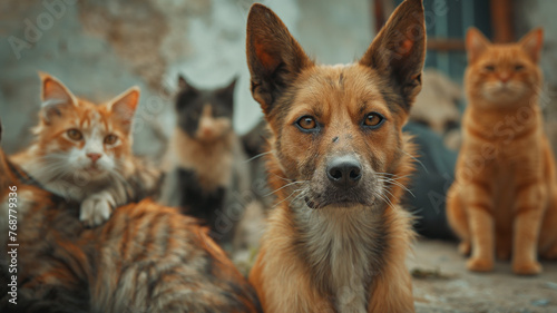 Stray and feral cats and dogs. Homeless animals living in a group on the street. Concept  animal shelter  help for stray  animals. Adopt  not buy