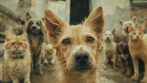 Stray and feral cats and dogs. Homeless animals living in a group on the street. Concept: animal shelter, help for stray, animals. Adopt, not buy photo