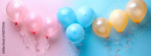 festive atmosphere with a split background adorned with an arch of pastel balloons in shades of blush pink, baby blue, and buttercream yellow.