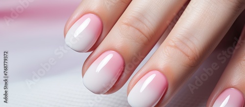 Close-up of a woman s hands showcasing a gradient pink and white gel polish nail design manicure  highlighting trendy and elegant nail art