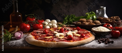 Unbaked pizza with various ...